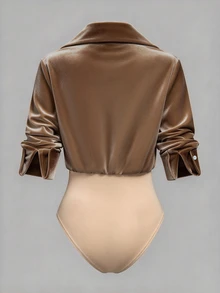 SHEIN Clasi 女款復古天鵝絨翻領二合一連身衣上衣，短版收腰設計 - 棕色 - 查看 2