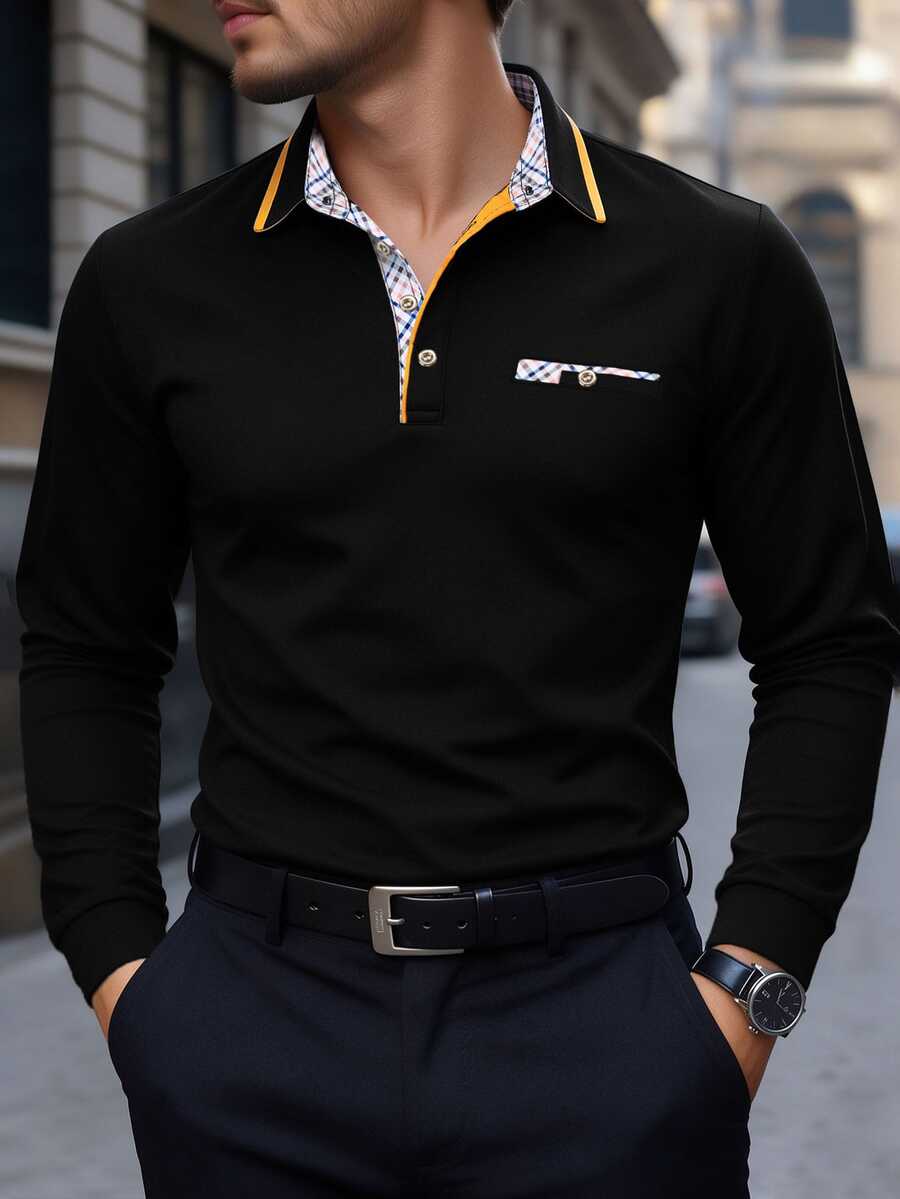 Calvornis 男士秋季長袖對比領 Polo 衫,休閒時尚日常穿著,適合高爾夫、通勤、正式場合,黑色翻領上衣,正式老錢風 - 黑色 - 查看 1