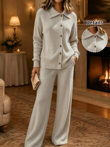 Holdful Holdful Women's Autumn/Winter Slouchy Lapel Asymmetric Button Knit Set, Loose Ribbed Knit Top And High-Waist Wide-Leg Casual Pants 2 Pieces Set, Home & Outdoor Wear, Daily Commute & Office Classic Versatile - Khaki - View 7