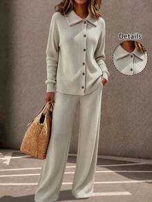 Holdful Holdful Women's Autumn/Winter Slouchy Lapel Asymmetric Button Knit Set, Loose Ribbed Knit Top And High-Waist Wide-Leg Casual Pants 2 Pieces Set, Home & Outdoor Wear, Daily Commute & Office Classic Versatile - Khaki - View 1