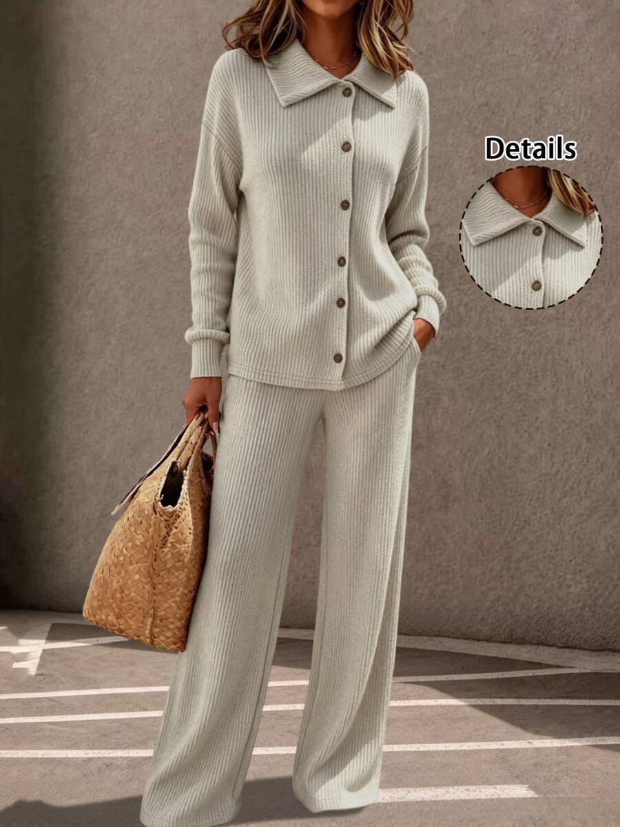 Holdful Holdful Women's Autumn/Winter Slouchy Lapel Asymmetric Button Knit Set, Loose Ribbed Knit Top And High-Waist Wide-Leg Casual Pants 2 Pieces Set, Home & Outdoor Wear, Daily Commute & Office Classic Versatile - Khaki - View 1