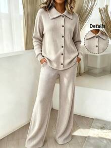 Holdful Holdful Women's Autumn/Winter Slouchy Lapel Asymmetric Button Knit Set, Loose Ribbed Knit Top And High-Waist Wide-Leg Casual Pants 2 Pieces Set, Home & Outdoor Wear, Daily Commute & Office Classic Versatile - Khaki - View 6