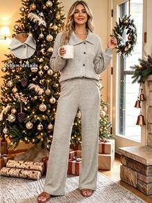 Holdful Holdful Women's Autumn/Winter Slouchy Lapel Asymmetric Button Knit Set, Loose Ribbed Knit Top And High-Waist Wide-Leg Casual Pants 2 Pieces Set, Home & Outdoor Wear, Daily Commute & Office Classic Versatile - Khaki - View 3