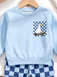 2pcs Baby Boy Streetwear Racing Cute Duck Skateboard Print Crew Neck Sweatshirt And Checkered Effect Pants Set Light Blue Blue And White - Multicolor - View 3
