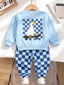 2pcs Baby Boy Streetwear Racing Cute Duck Skateboard Print Crew Neck Sweatshirt And Checkered Effect Pants Set Light Blue Blue And White - Multicolor - View 4