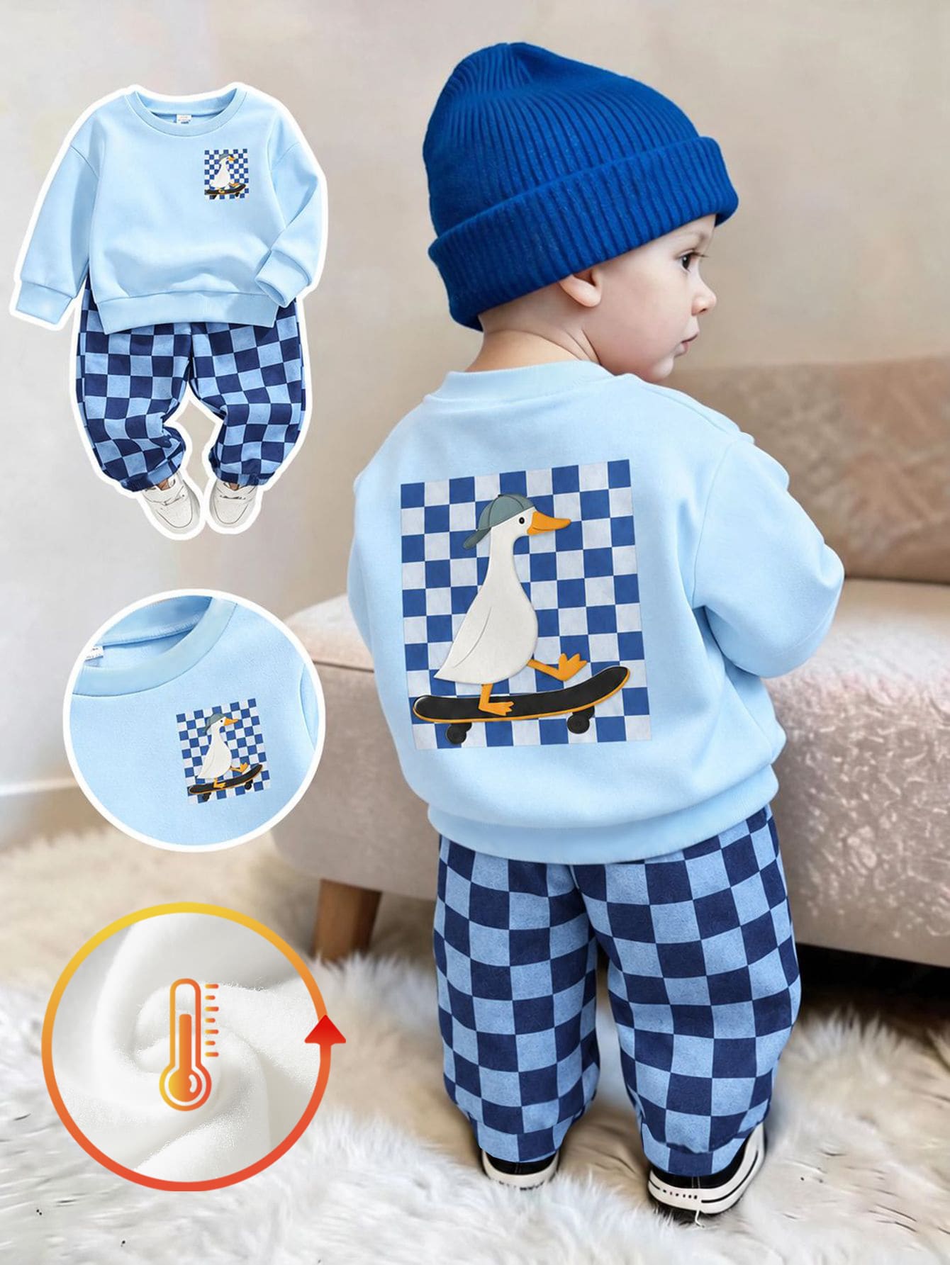 2pcs Baby Boy Streetwear Racing Cute Duck Skateboard Print Crew Neck Sweatshirt And Checkered Effect Pants Set Light Blue Blue And White - Multicolor - View 1