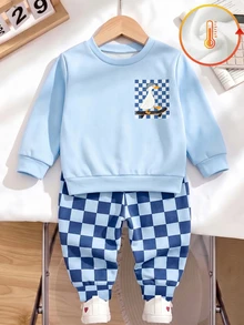 2pcs Baby Boy Streetwear Racing Cute Duck Skateboard Print Crew Neck Sweatshirt And Checkered Effect Pants Set Light Blue Blue And White - Multicolor - View 2
