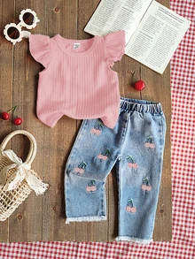 SHEIN Vintaside Kids 2pcs Baby Girls Set,Pure Red Round Neck Flutter Sleeve Top With Cherry Embroidered Light Blue Denim Pants,Cute Summer Vacation Outfit For Daily Wear - Pink - View 1