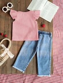 SHEIN Vintaside Kids 2pcs Baby Girls Set,Pure Red Round Neck Flutter Sleeve Top With Cherry Embroidered Light Blue Denim Pants,Cute Summer Vacation Outfit For Daily Wear - Pink - View 2