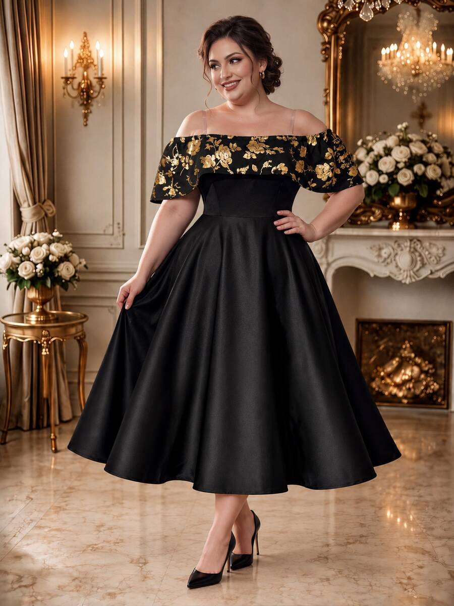 Rometta Plus Size Women's Cold Shoulder Black And Gold High-Waist A-Line Matte Satin Mid-Length Formal Dress Cocktail Summer 1920 Vintage Elegant - Black - View 1
