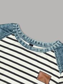 Resyla Plus Size Women's Striped Round Neck Long Sleeve T-Shirt And Denim Effect Wide Leg Pants Casual 2 Pieces Set - Multicolor - View 3
