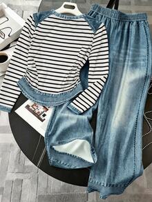 Resyla Plus Size Women's Striped Round Neck Long Sleeve T-Shirt And Denim Effect Wide Leg Pants Casual 2 Pieces Set - Multicolor - View 2