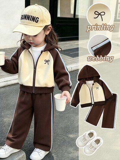 2 piezas/Set Chaqueta con capucha y cremallera de color bloque estilo raglán para niña bebé & Pantalones de chándal de pierna ancha, combinación de colores beige vintage & marrón, lazo delantero & estampado gráfico con foil, detalle de rayas azul claro en mangas y lateral de pantalones, cintura elástica, tela suave y cómoda, estilo deportivo retro minimalista casual americano preppy, adecuado para otoño/invierno