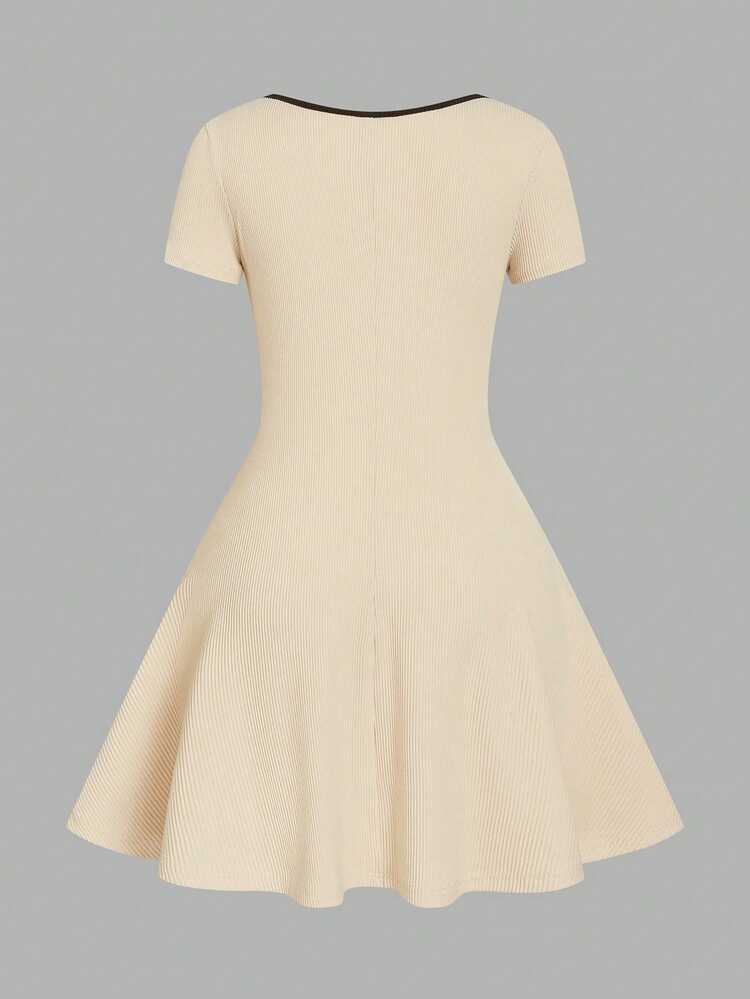 SHEIN Clasi Gentle Elegant French Light Beige Color Contrast Square Neck Tie Short Sleeve Dress Waist-Flattering Slimming Ribbed Knit A-Line Mini Dress - Multicolor - View 2