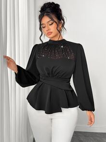 Elenzga Plus Size Women's Fashion Elegant Elegant Business Versatile Mesh Sequin Glitter Ruched Patchwork Waist Design Lantern Sleeve Blouse, Suitable For Spring/Autumn Party, Gathering, Office Wear - Black - View 6