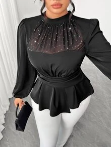 Elenzga Plus Size Women's Fashion Elegant Elegant Business Versatile Mesh Sequin Glitter Ruched Patchwork Waist Design Lantern Sleeve Blouse, Suitable For Spring/Autumn Party, Gathering, Office Wear - Black - View 3