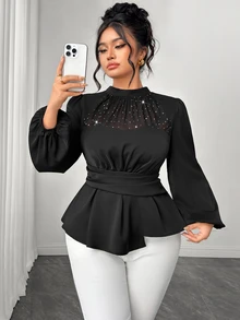 Elenzga Plus Size Women's Fashion Elegant Elegant Business Versatile Mesh Sequin Glitter Ruched Patchwork Waist Design Lantern Sleeve Blouse, Suitable For Spring/Autumn Party, Gathering, Office Wear - Black - View 5