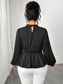 Elenzga Plus Size Women's Fashion Elegant Elegant Business Versatile Mesh Sequin Glitter Ruched Patchwork Waist Design Lantern Sleeve Blouse, Suitable For Spring/Autumn Party, Gathering, Office Wear - Black - View 2