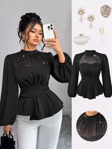 Elenzga Plus Size Women's Fashion Elegant Elegant Business Versatile Mesh Sequin Glitter Ruched Patchwork Waist Design Lantern Sleeve Blouse, Suitable For Spring/Autumn Party, Gathering, Office Wear - Black - View 4