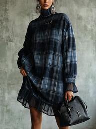 Glimmora Damska sukienka plus size na jesień, vintage, granatowa w kratę, z wysokim kołnierzem, luźna, o średniej długości, z siateczkowymi wstawkami patchwork, z długim rękawem