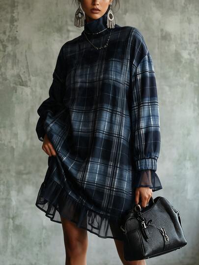 Glimmora Vintage Navy Plaid Mock Neck Loose Mid-Length Mesh Patchwork Plus Size Women's Long Sleeve Dress Fall