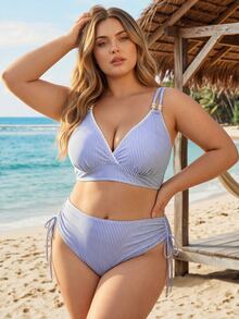 Swim Vcay Plus Size Vacation Beaded Baby Blue Tank Top And Triangle Bikini Bottom Swimsuit Set Beach Party Summer Elegant Plus Size - Blue and White - View 6