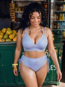 Swim Vcay Plus Size Vacation Beaded Baby Blue Tank Top And Triangle Bikini Bottom Swimsuit Set Beach Party Summer Elegant Plus Size - Blue and White - View 9