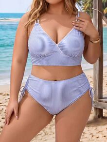 Swim Vcay Plus Size Vacation Beaded Baby Blue Tank Top And Triangle Bikini Bottom Swimsuit Set Beach Party Summer Elegant Plus Size - Blue and White - View 5