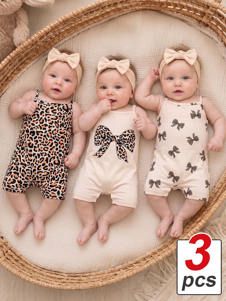 SHEIN Baby Girls Summer Sweet Lady Knit Camisole Fitted 3pcs Romper Set - Brown - View 10