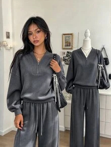 Lalippa New Hot-Selling Women's Fashion Gray Long Sleeve Two Pieces Set - Grey - View 1