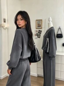 Lalippa New Hot-Selling Women's Fashion Gray Long Sleeve Two Pieces Set - Grey - View 2
