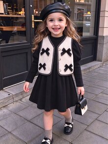 SHEIN Elladie kids 女童秋季優雅淑女套裝 高領花瓣袖收腰素色羅紋洋裝搭配短版圓領毛絨蝴蝶結背心 冬季聖誕套裝 - 黑色 - 查看 3