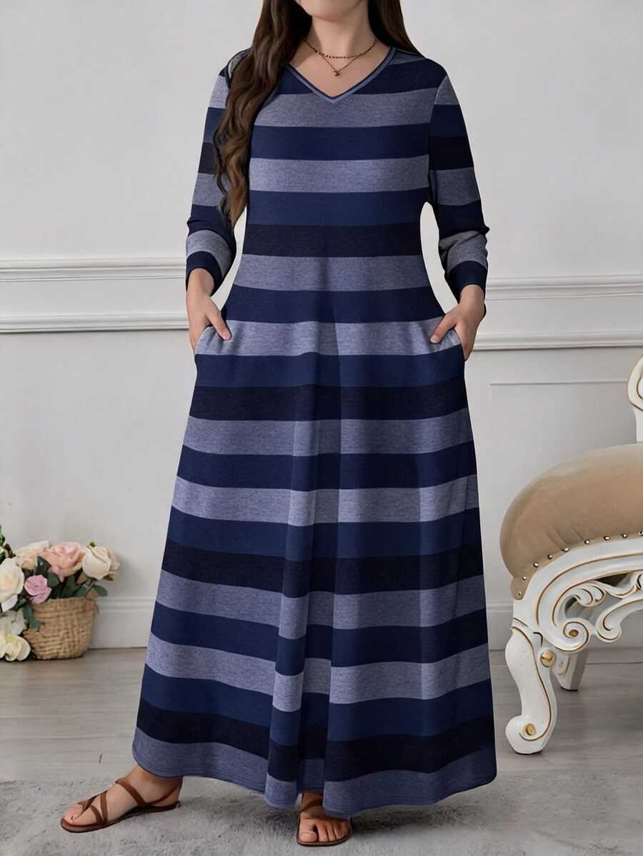 Lacomfia Women's Retro Striped Digital Print Casual Round Neck Long Sleeve Pocket Maxi Dress, Fashionable & Elegant Fall - Multicolor - View 1