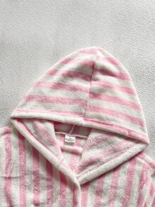 Women's Pink Striped Plush Minimalist Slouchy Robe Winter - Pink - View 4