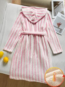 Women's Pink Striped Plush Minimalist Slouchy Robe Winter - Pink - View 3
