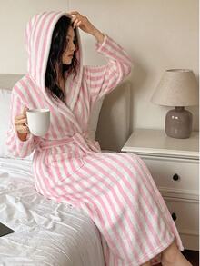 Women's Pink Striped Plush Minimalist Slouchy Robe Winter - Pink - View 2
