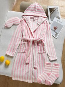 Women's Pink Striped Plush Minimalist Slouchy Robe Winter - Pink - View 9
