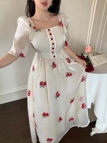 Modelyn Square Neck Embroidered Ditsy Floral Ruched Waist Puff Sleeve Slim Fit Dress For Women, Spring/Summer - Apricot - View 4
