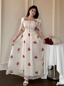 Modelyn Square Neck Embroidered Ditsy Floral Ruched Waist Puff Sleeve Slim Fit Dress For Women, Spring/Summer - Apricot - View 6