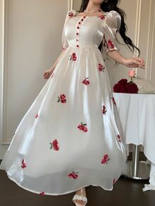 Modelyn Square Neck Embroidered Ditsy Floral Ruched Waist Puff Sleeve Slim Fit Dress For Women, Spring/Summer - Apricot - View 5