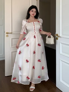 Modelyn Square Neck Embroidered Ditsy Floral Ruched Waist Puff Sleeve Slim Fit Dress For Women, Spring/Summer - Apricot - View 7