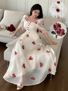 Modelyn Square Neck Embroidered Ditsy Floral Ruched Waist Puff Sleeve Slim Fit Dress For Women, Spring/Summer - Apricot - View 3