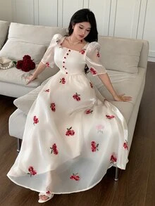 Modelyn Square Neck Embroidered Ditsy Floral Ruched Waist Puff Sleeve Slim Fit Dress For Women, Spring/Summer - Apricot - View 8