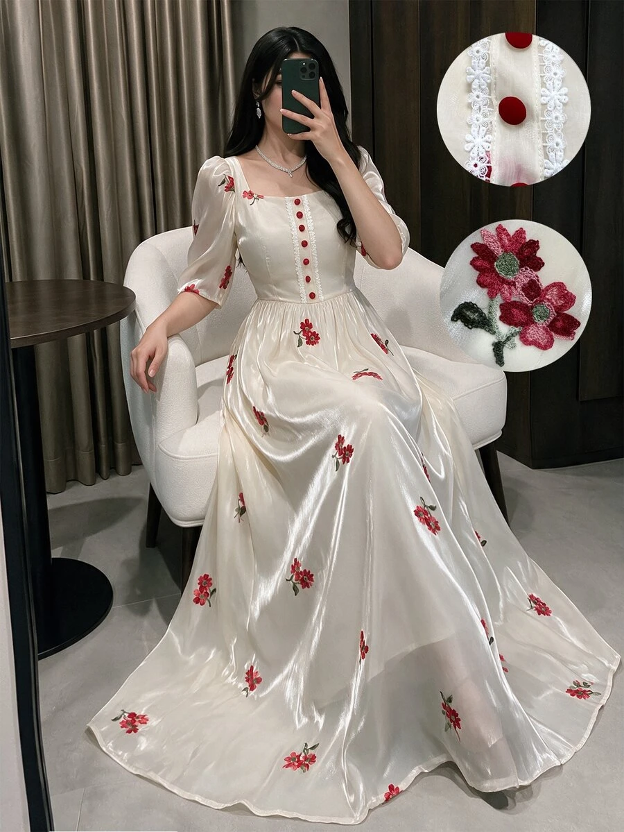 Modelyn Square Neck Embroidered Ditsy Floral Ruched Waist Puff Sleeve Slim Fit Dress For Women, Spring/Summer - Apricot - View 1