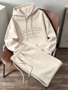Daypath Bộ 2 món áo hoodie và quần dài nỉ nam dập chữ - Màu be - Xem 5