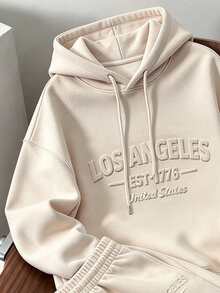 Daypath Bộ 2 món áo hoodie và quần dài nỉ nam dập chữ - Màu be - Xem 4