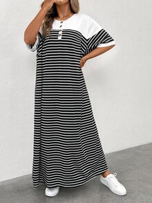 SHEIN CURVE+ Plus Size Women Round Neck Black & White Striped Slimming Slit Casual Holiday Dress, Spring Break Western Wear Boho Style - Multicolor - View 6