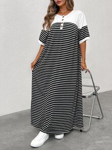 SHEIN CURVE+ Plus Size Women Round Neck Black & White Striped Slimming Slit Casual Holiday Dress, Spring Break Western Wear Boho Style - Multicolor - View 1