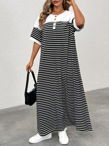 SHEIN CURVE+ Plus Size Women Round Neck Black & White Striped Slimming Slit Casual Holiday Dress, Spring Break Western Wear Boho Style - Multicolor - View 3