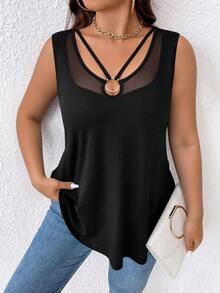EMERY ROSE Plus Size Women's T-Shirt Elegant Sexy Casual Loose Minimalist Commute Versatile Mesh Patchwork V-Neck Decorative Button Design Tank Top - Black - View 5